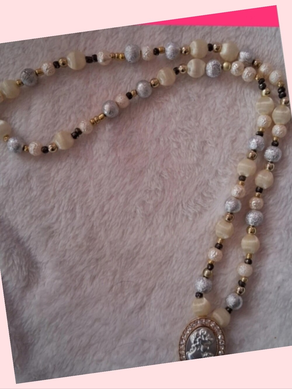 Cream and Silver Beaded Pendant Necklace - Women's Jewelry